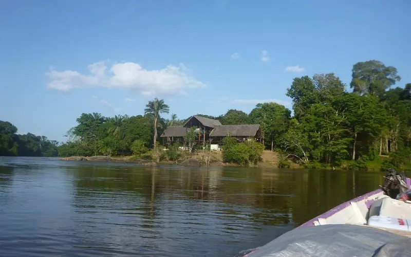 Suriname shows a wooden lodge by the river in the jungle.