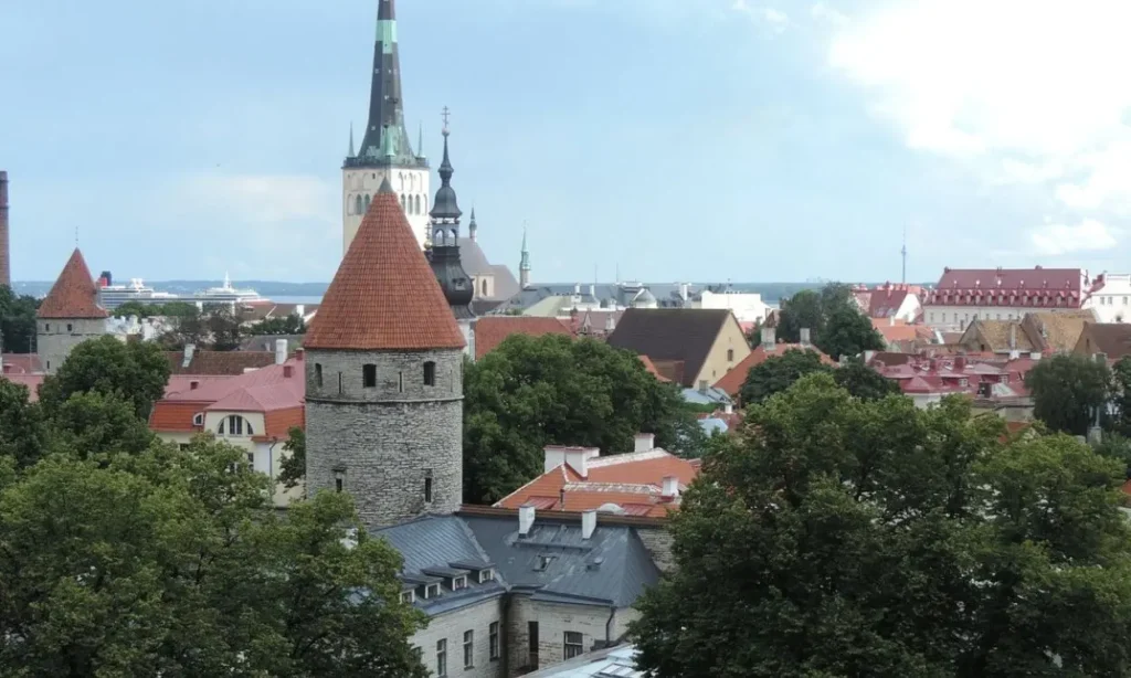 A scenic view of Tallinn, Estonia with medieval towers and rooftops.