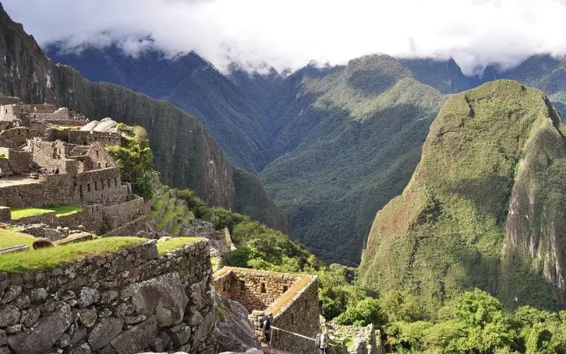 Peru shows the ancient stone ruins of Machu Picchu in the Andes.