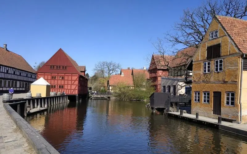 Den Gamle By in Aarhus, Denmark with timbered houses.