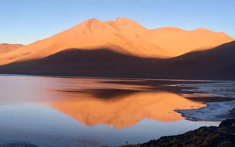 Bolivia shows a golden mountain reflected in a still lake.