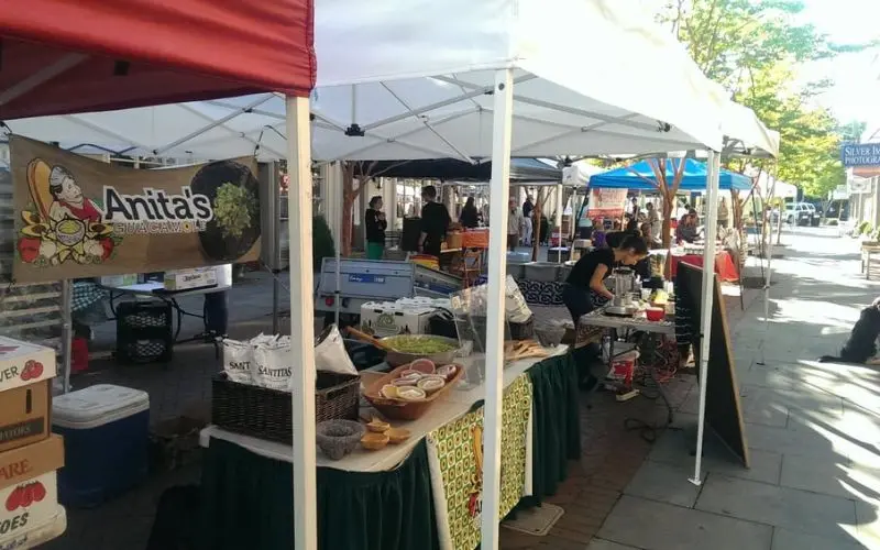 Stalls and shoppers at Haddonfield Farmers Market under white tents.