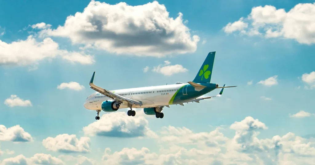 Aer Lingus Airbus A321neo passenger airplane with landing gear extended