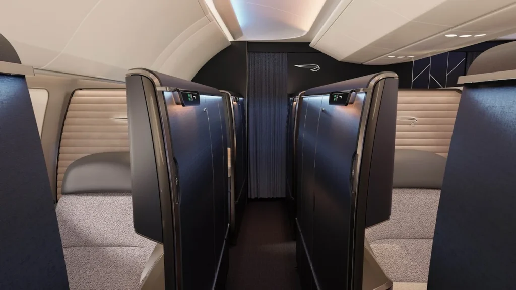 British Airways first-class airplane cabin aisle with private suites