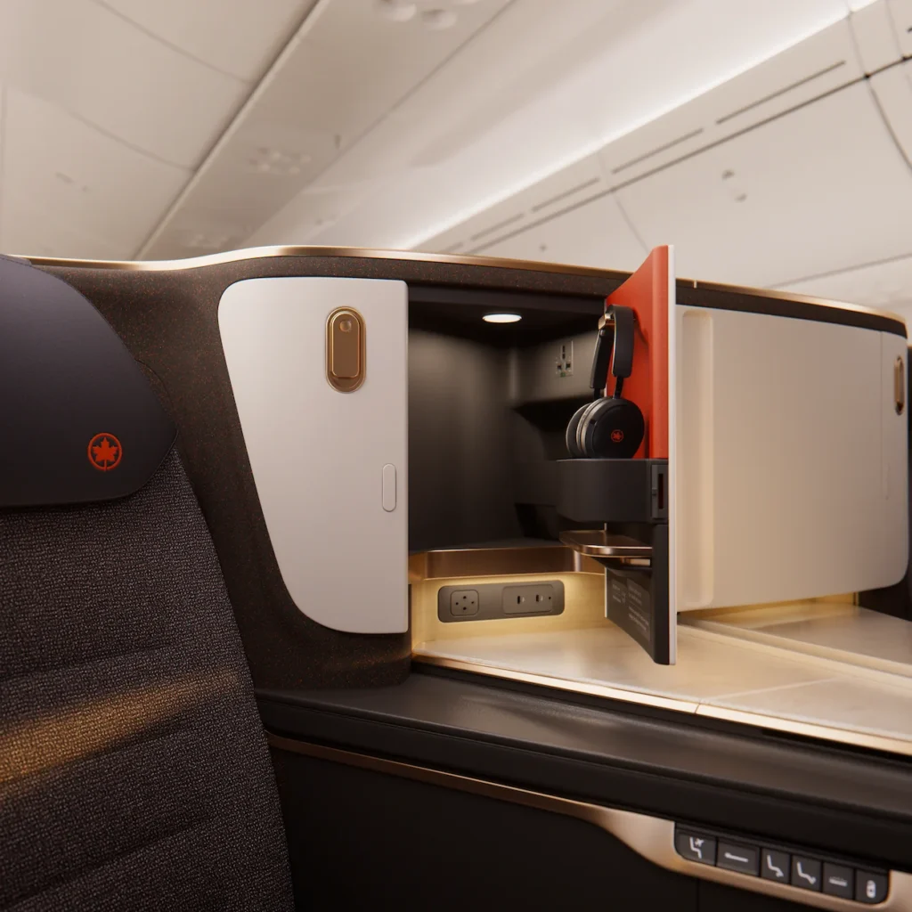 An open storage compartment with headphones inside a business class suite