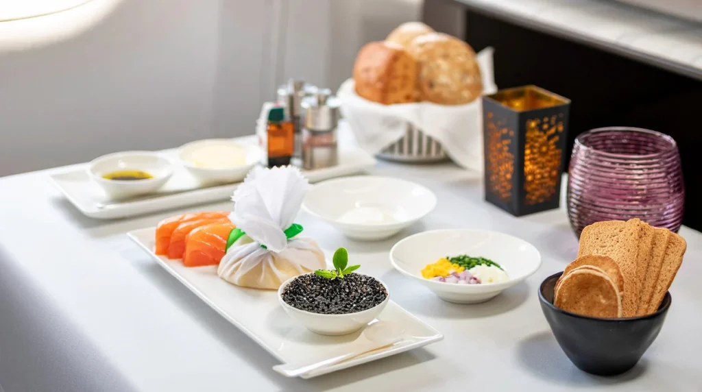 A gourmet caviar service set on a white tablecloth inside a premium airline cabin