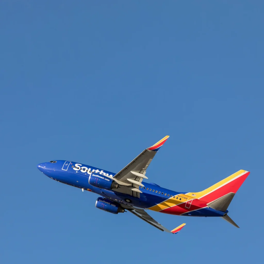 Southwest Airlines Boeing 737-700 commercial airplane bank-climbing into a clear blue sky after takeoff
