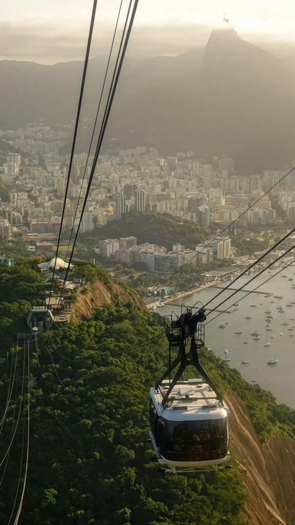 Sugarloaf Mountain cable car cabin overlooking the Rio de Janeiro cityscape and bay