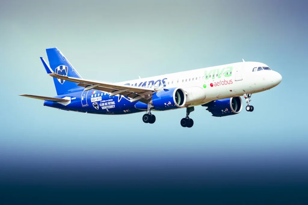 Viva Aerobus Airbus A320 aircraft featuring the custom Club de Fútbol Monterrey sports team livery