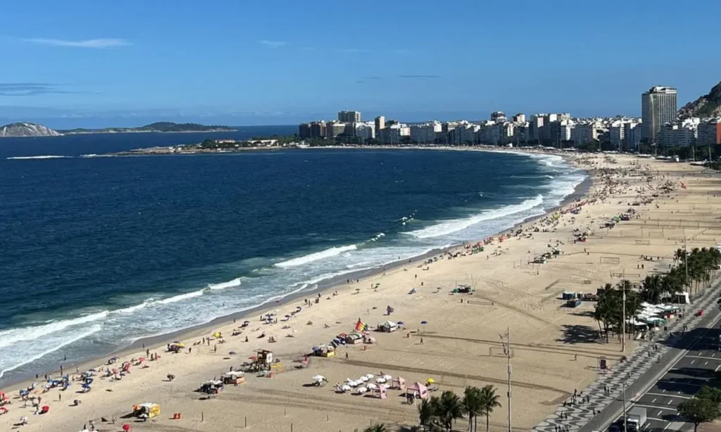 Copacabana Beach in Rio de Janeiro filled with people and umbrellas.