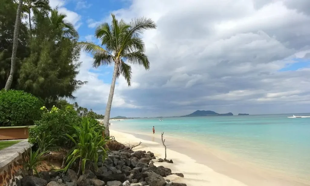 Palm trees and turquoise water line the peaceful shore of Lanikai Beach, Hawaii.