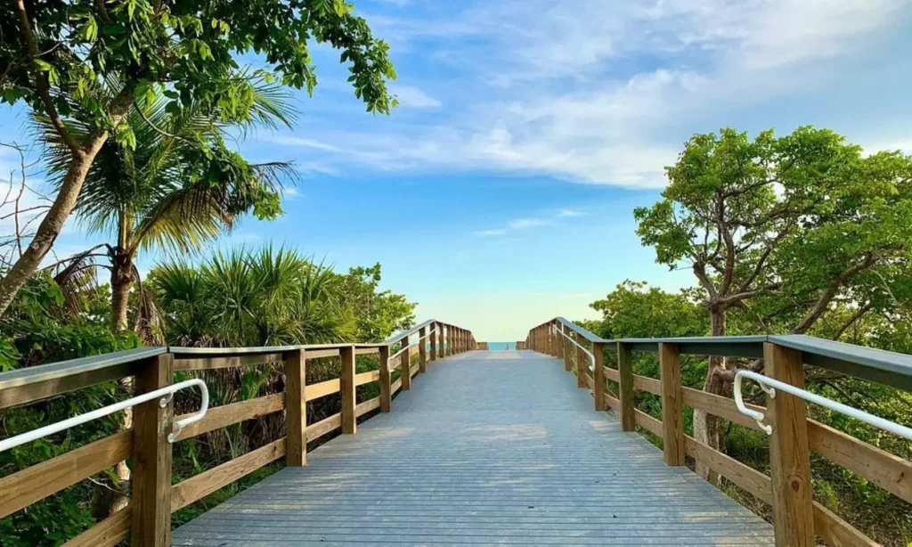 A wooden boardwalk leads to the calm shoreline at Bowman Beach, Florida.