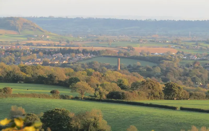 Rolling green countryside and hills in the Mendip Hills.