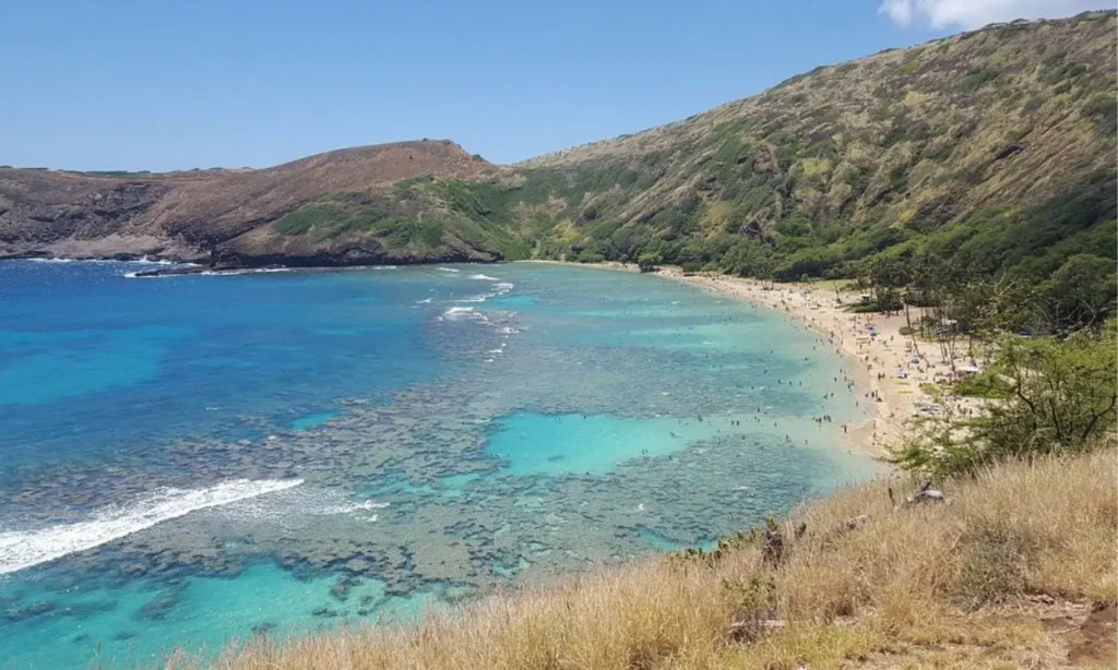 Bright blue water and coral reefs are surrounded by green hills at Hanauma Bay Beach, Hawaii.