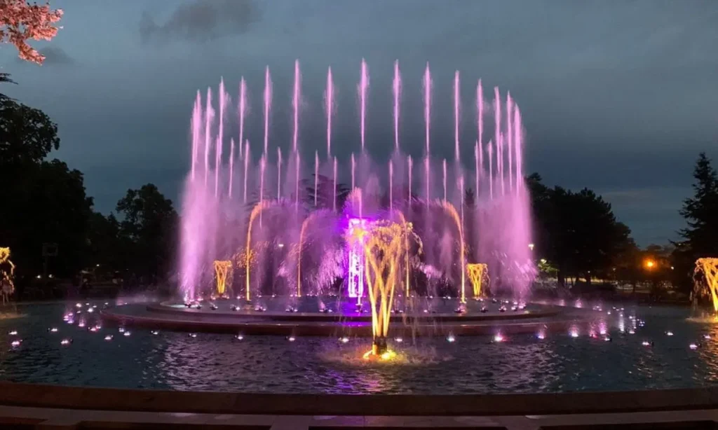 Illuminated fountains spraying colorful water on Margaret Island at dusk.