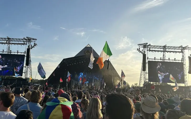 Crowds gathered at the Pyramid Stage during Glastonbury Festival.