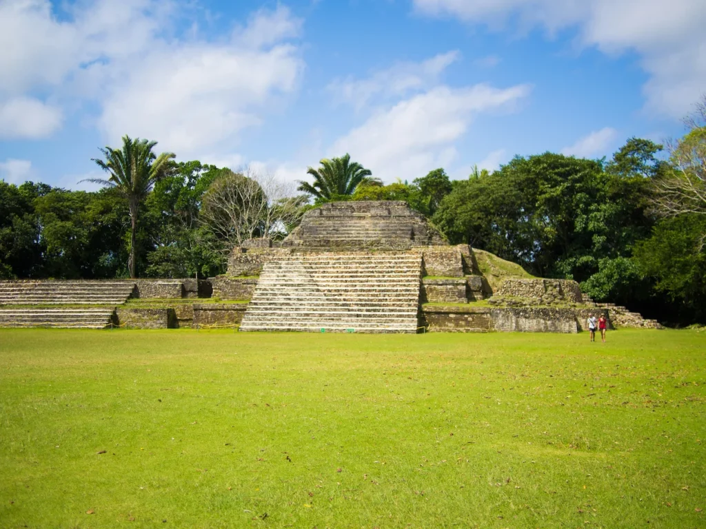 Altun Ha Mayan ruins in Belize under a cloudy sky