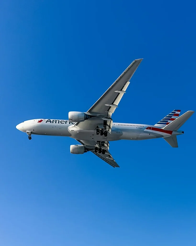 American Airlines Boeing 777 passenger jet descending on final landing approach