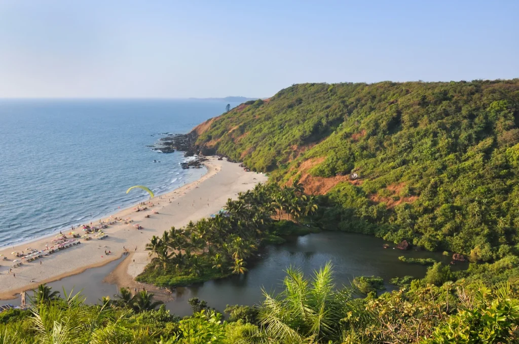 High angle view of Arambol Beach and the Sweet Water Lake bordered by a lush green hill in Goa