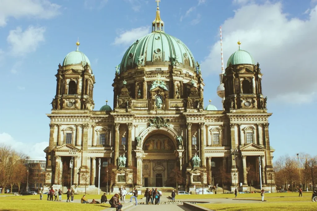 The historic Berlin Cathedral building with its large turquoise domes in Germany