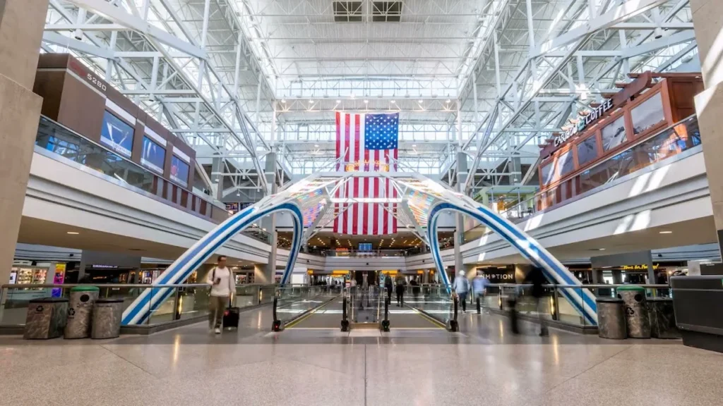 American flag above blue-trimmed pedestrian bridges at Denver Airport