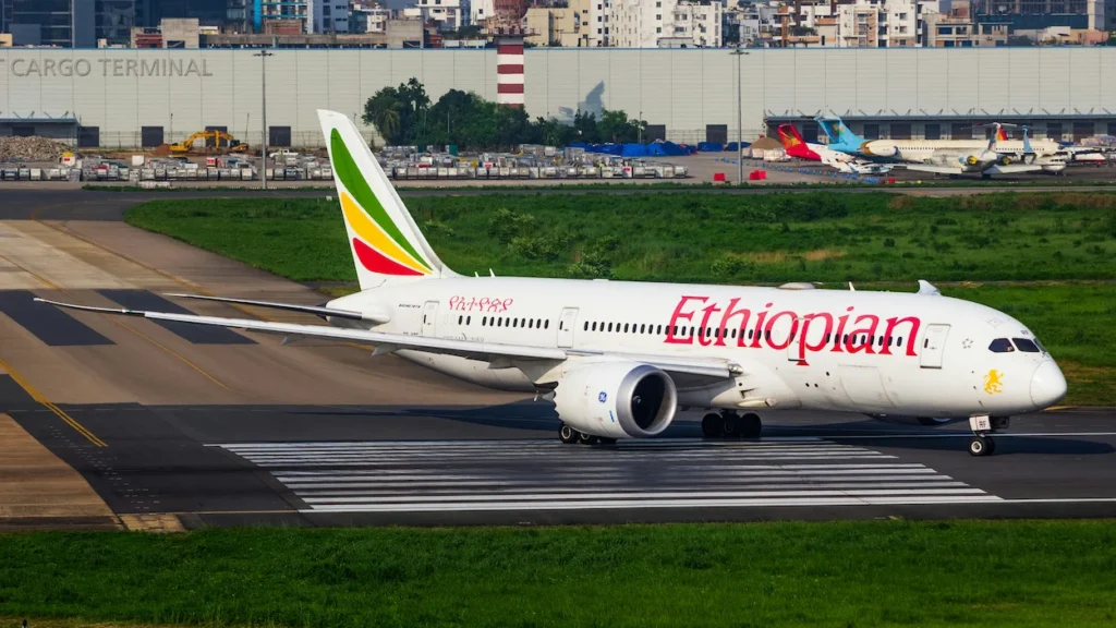 Ethiopian Airlines Boeing 787 Dreamliner passenger airplane taxiing on an airport taxiway