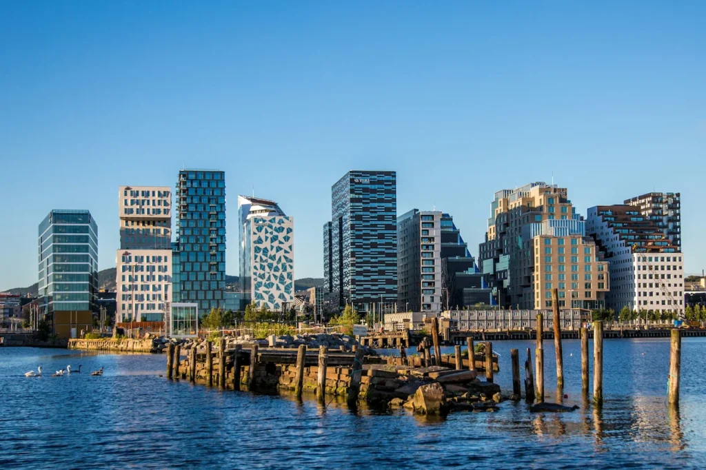 The modern, geometric high-rise buildings of the Barcode Project on the Oslo waterfront