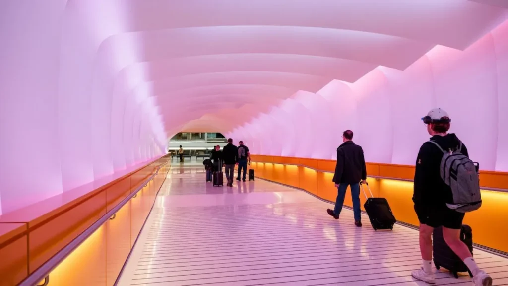 Passengers walk through the pink-lit Petal Connector tunnel at Pittsburgh International Airport