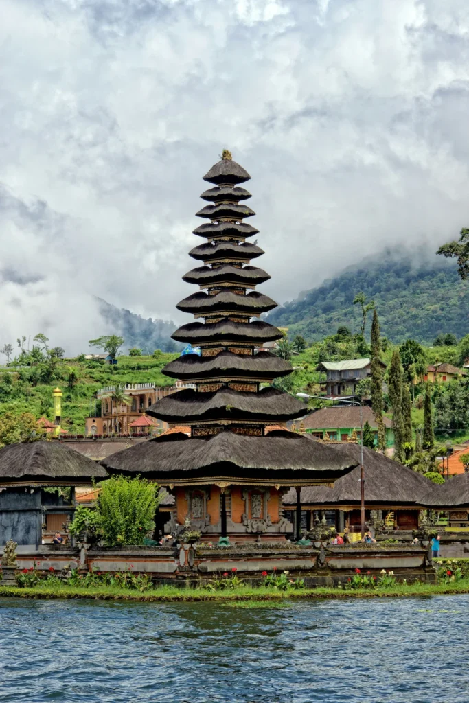 Pura Ulun Danu Bratan water temple tower on Lake Bratan in Bali