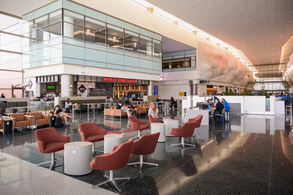 The bright concourse dining and lounge area inside Salt Lake City International Airport