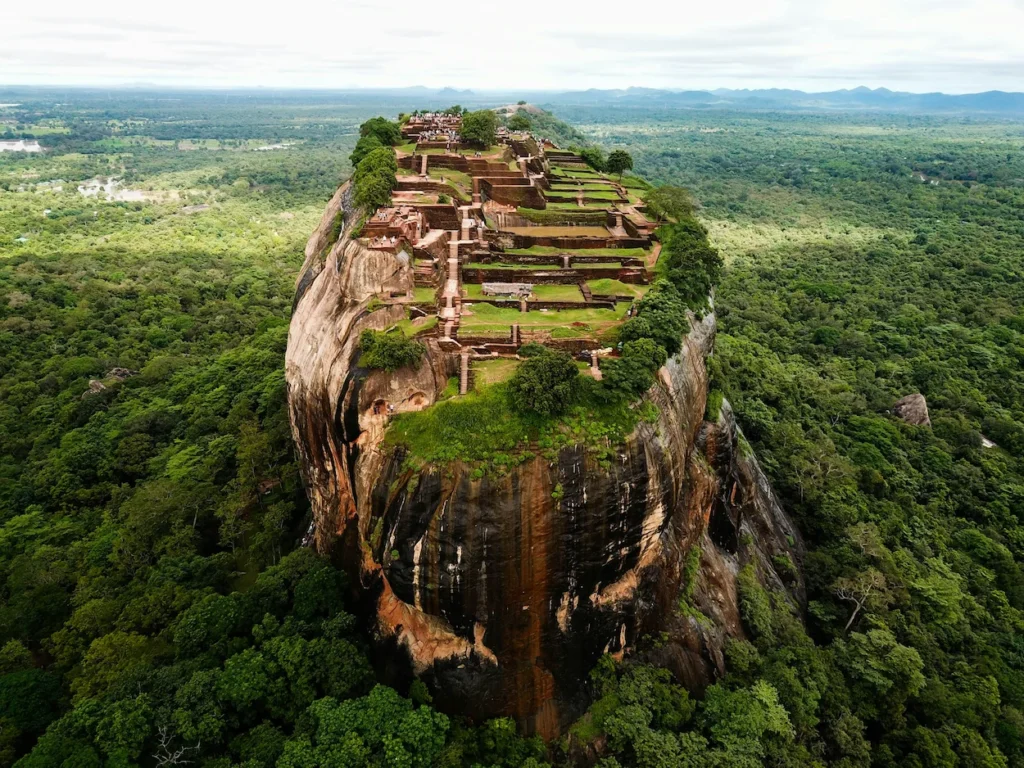Aerial view of the Sigiriya rock fortress ruins in Sri Lanka