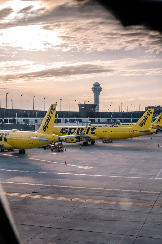 Line of yellow Spirit Airlines airplanes parked on an airport tarmac with a control tower in the background