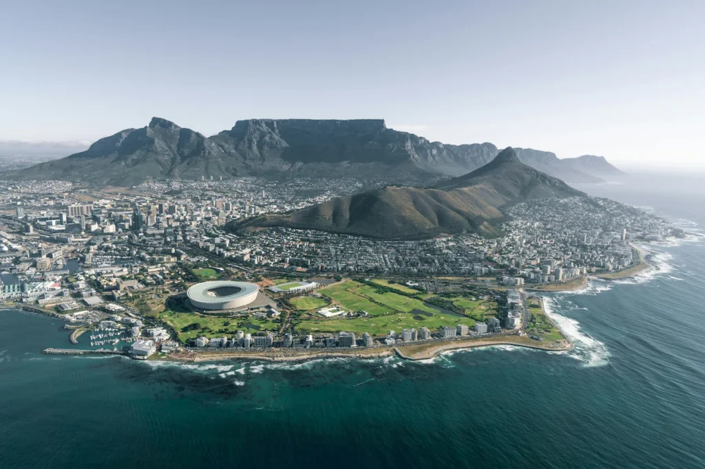 Aerial view of Table Mountain and Cape Town coastline