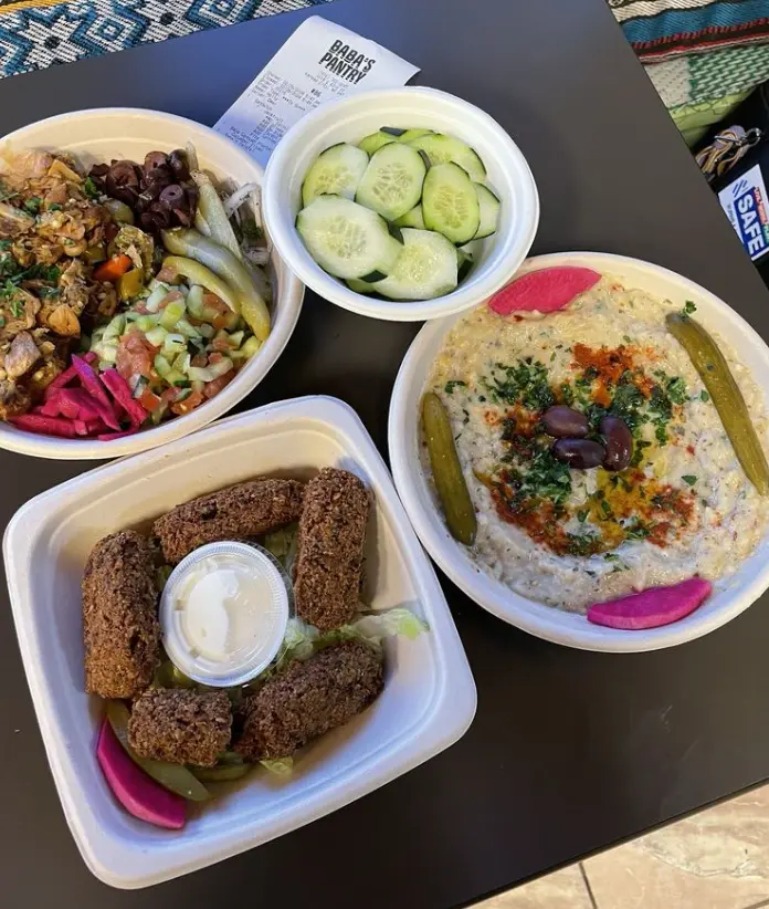 Jackfruit wrap deconstructed, Baba's falafel, Baba's Ganoush
