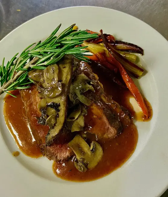 Fire braised beef with sauce chasseur and wild mushrooms