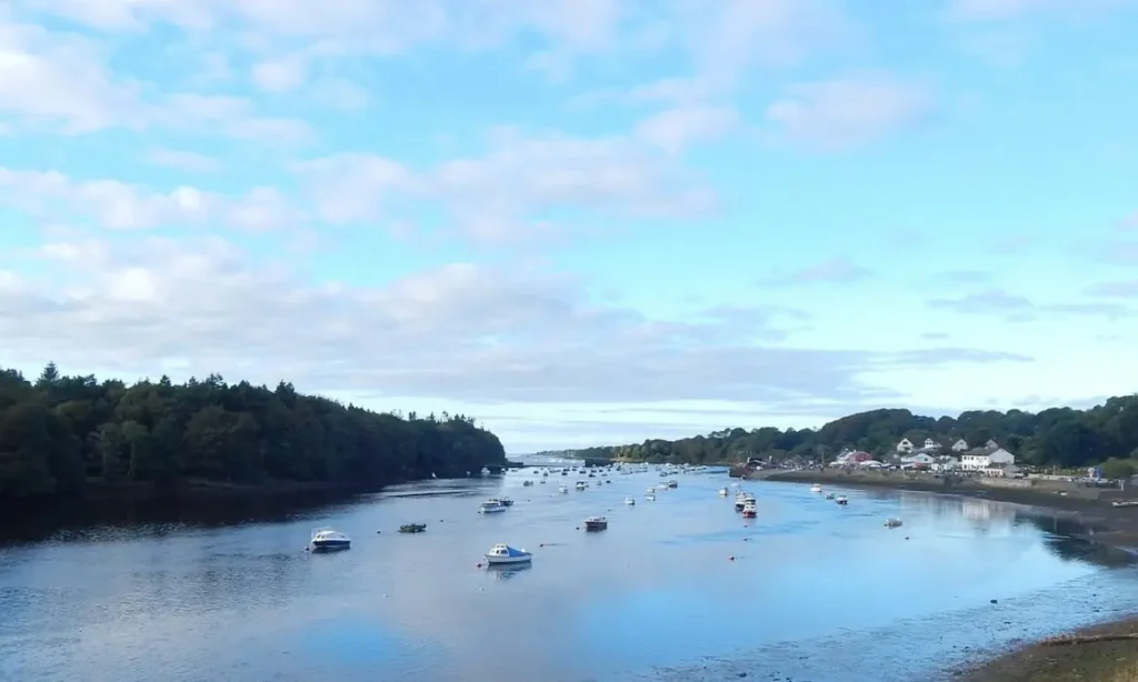 Boats float on the calm river in Ballina under a partly cloudy sky.