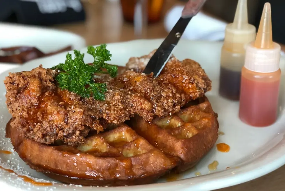 Chicken & Waffle from our Brunch menu, served on Saturdays & Sundays