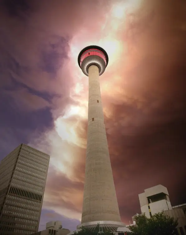 The Calgary Tower in a summer storm