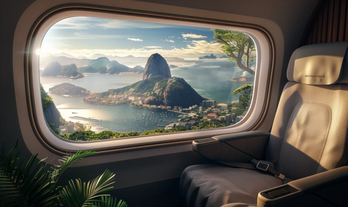 Business class flight soaring over Rio de Janeiro