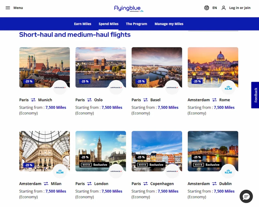 Flying Blue website interface showing European award flight deals starting from 7,500 miles