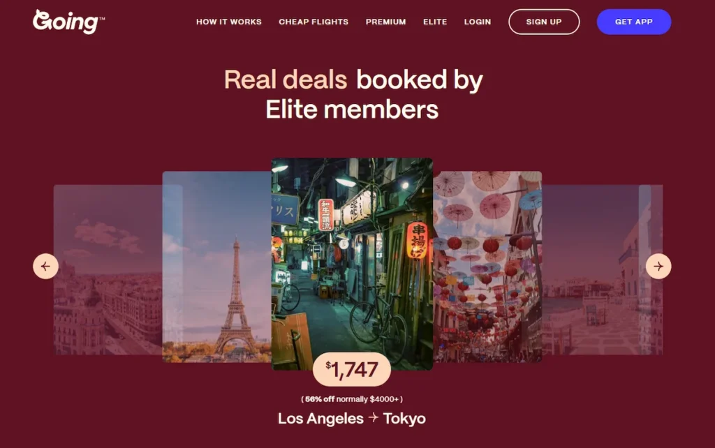 Going.com website homepage showcasing Elite flight deals like Los Angeles to Tokyo