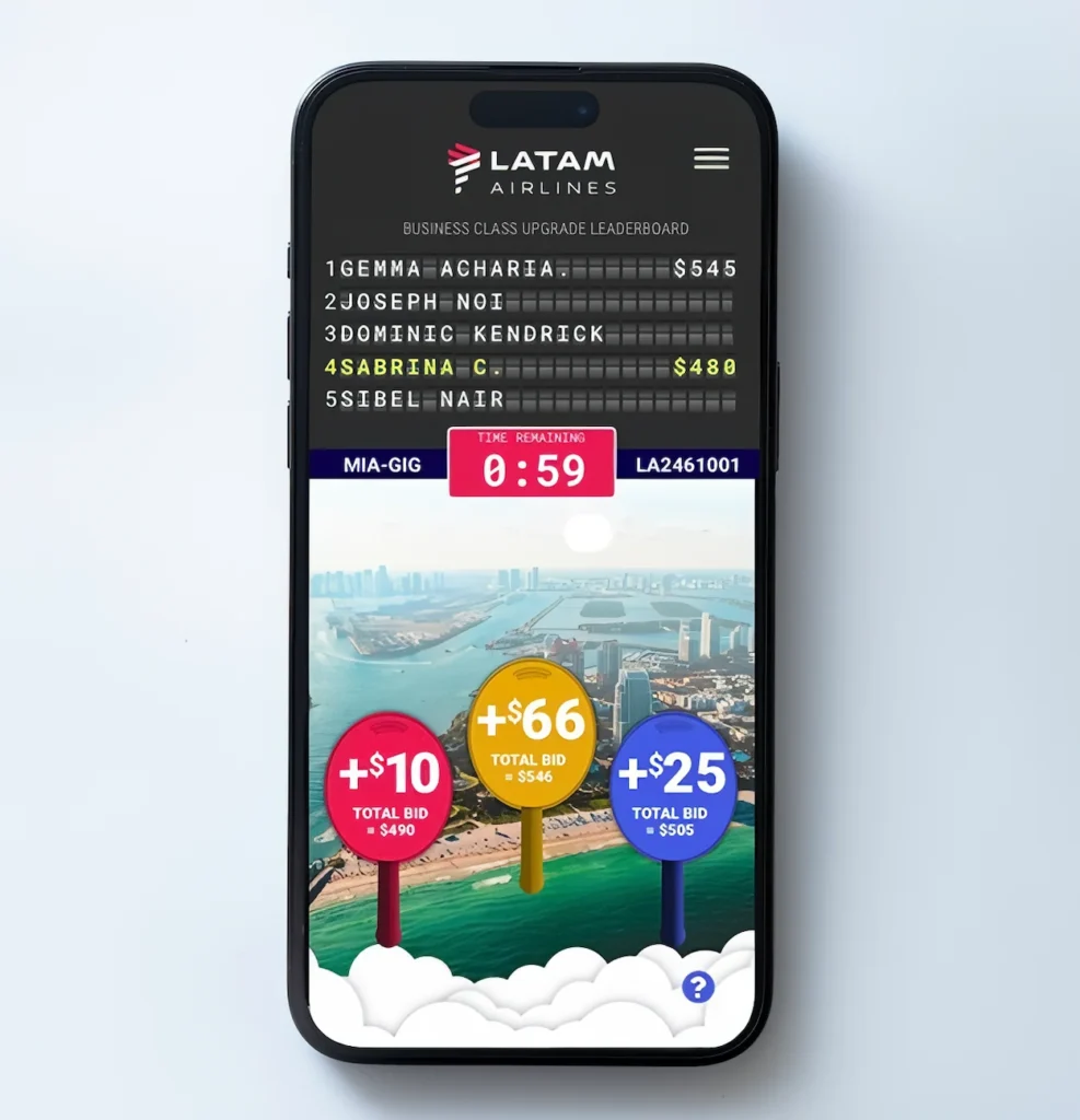 Mobile phone displaying a LATAM Airlines business class upgrade bidding leaderboard screen