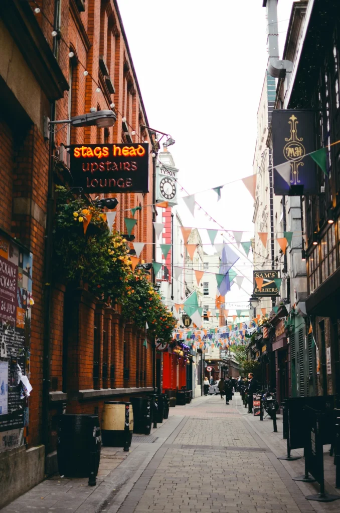 Dublin narrow alleyway with The Stag's Head pub sign and hanging flags