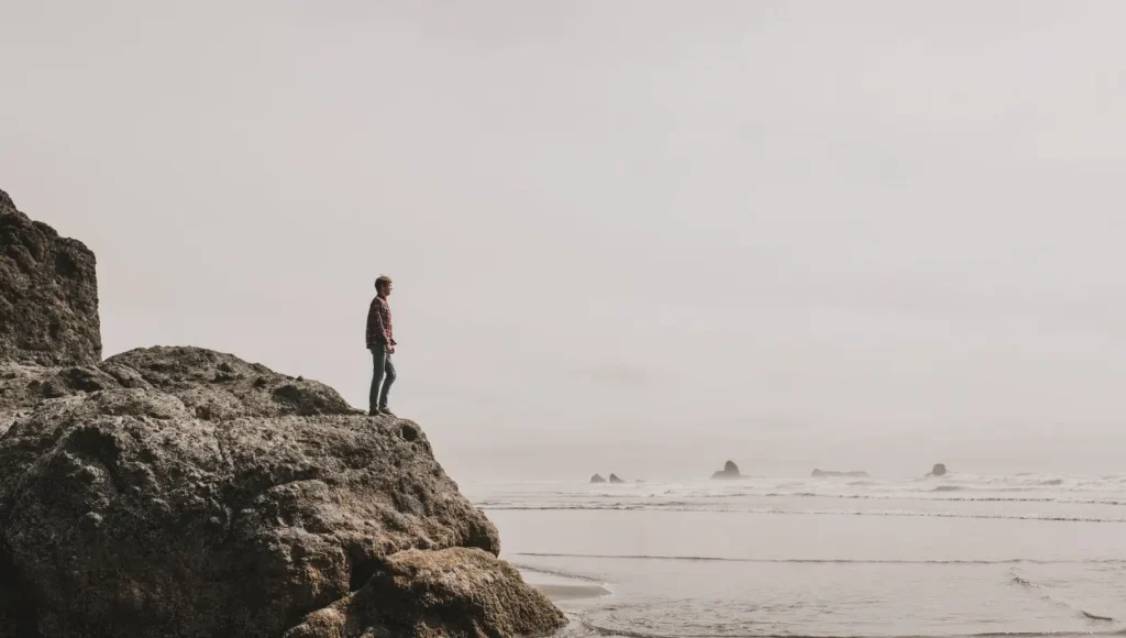 A person on a rock looking at the sea