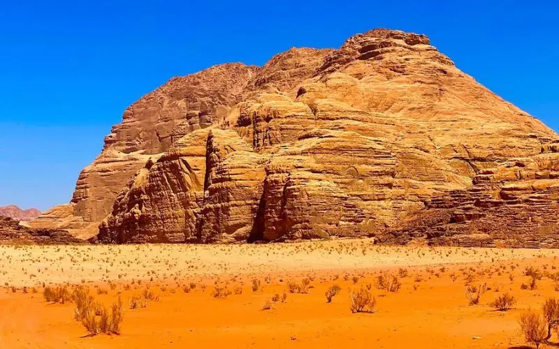 The red desert landscape of Wadi Rum in Jordan.