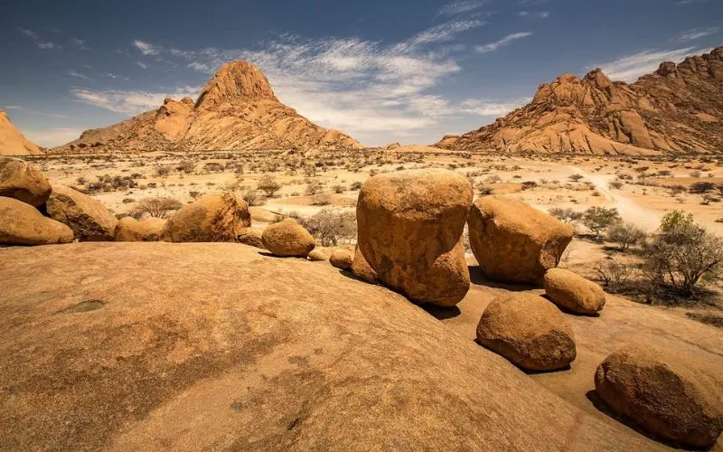 Rocky mountains and boulders in the desert of Namibia.