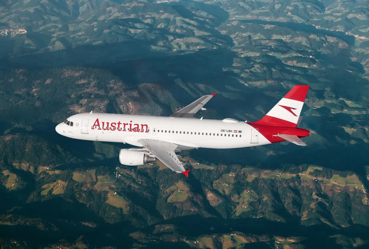 Austrian Airlines flying over the Austrian Alps from its Vienna hub