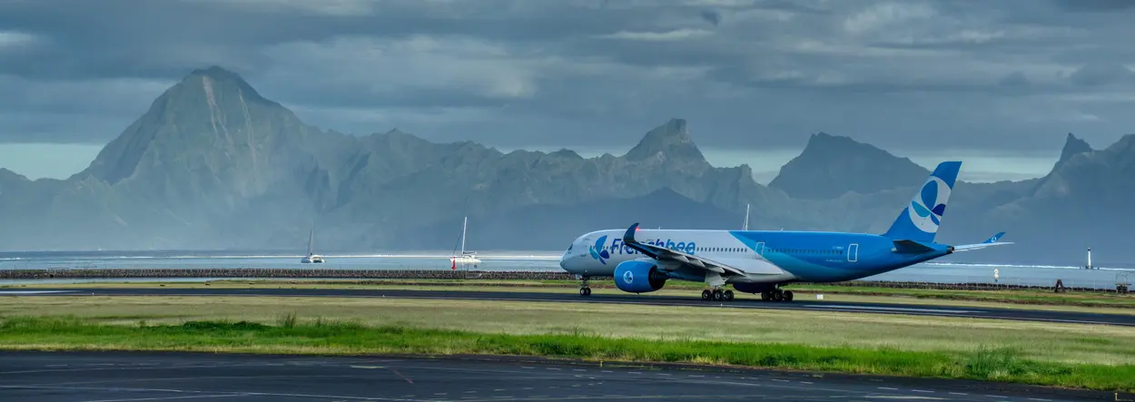 A French Bee A350 on the runway ready for takeoff