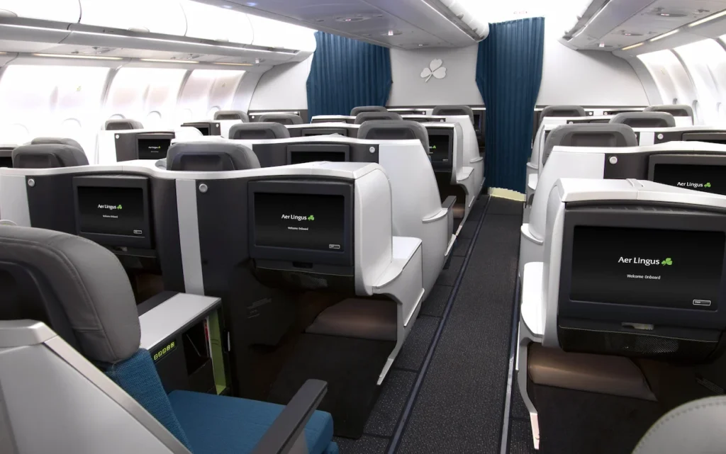 Aer Lingus business class cabin interior with rows of seats