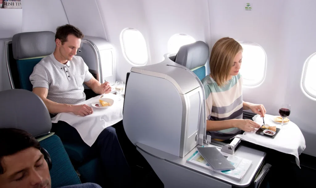 Passengers dining in the Aer Lingus business class cabin